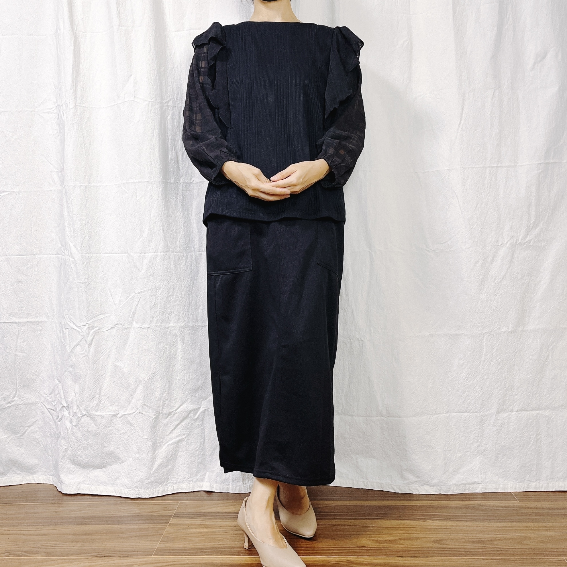 しまむらのおすすめファッションアイテム「HK WORKS LONDON ラッフルシアーシャツ」のコーディネート