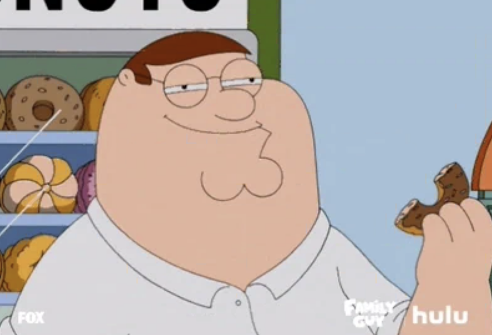 Peter Griffin from Family Guy smiles while holding a partially eaten donut. Logos of Fox, Family Guy, and Hulu are seen in the corner of the image