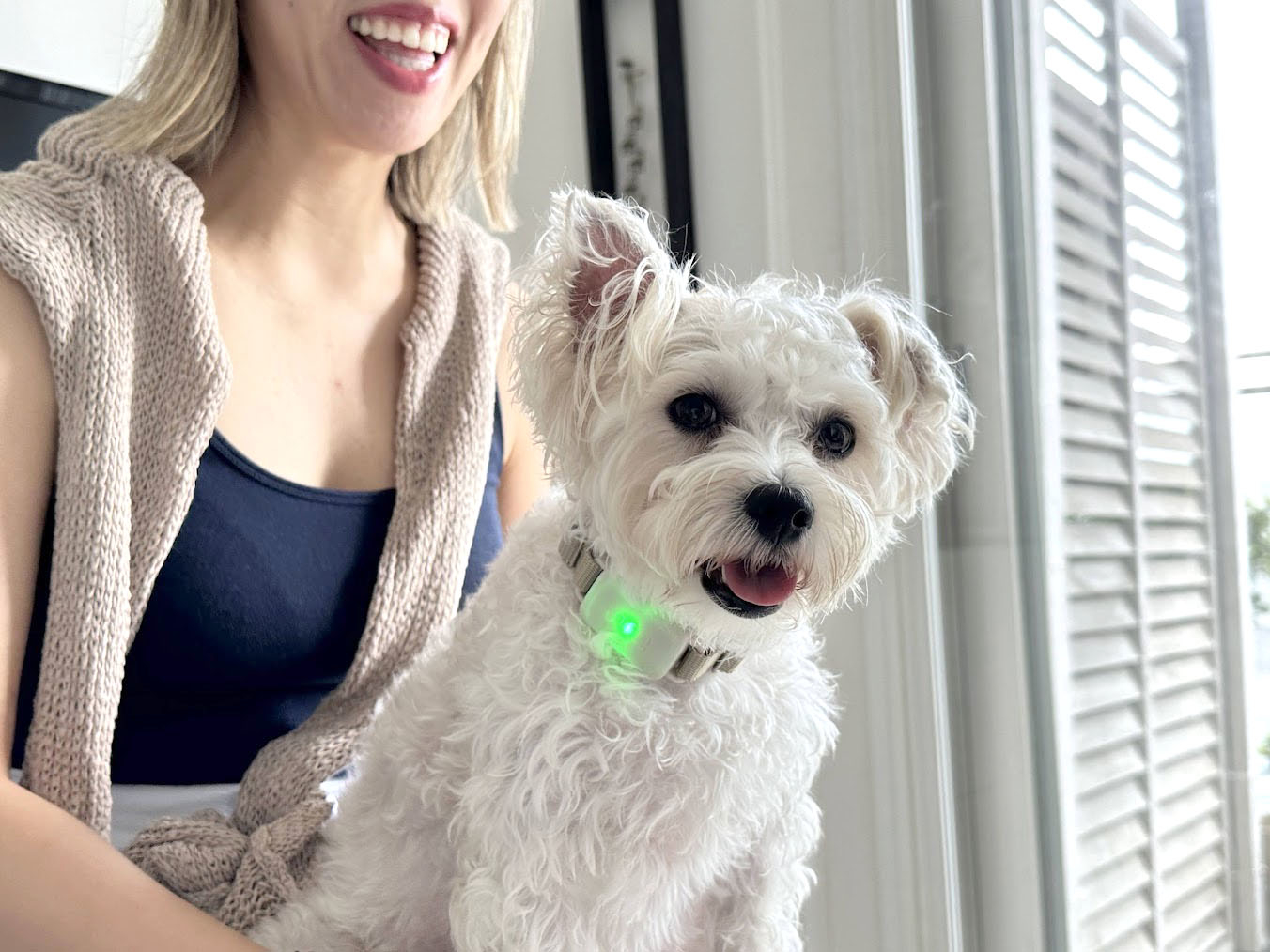 莫さんのひざで取材に応じるリリちゃん