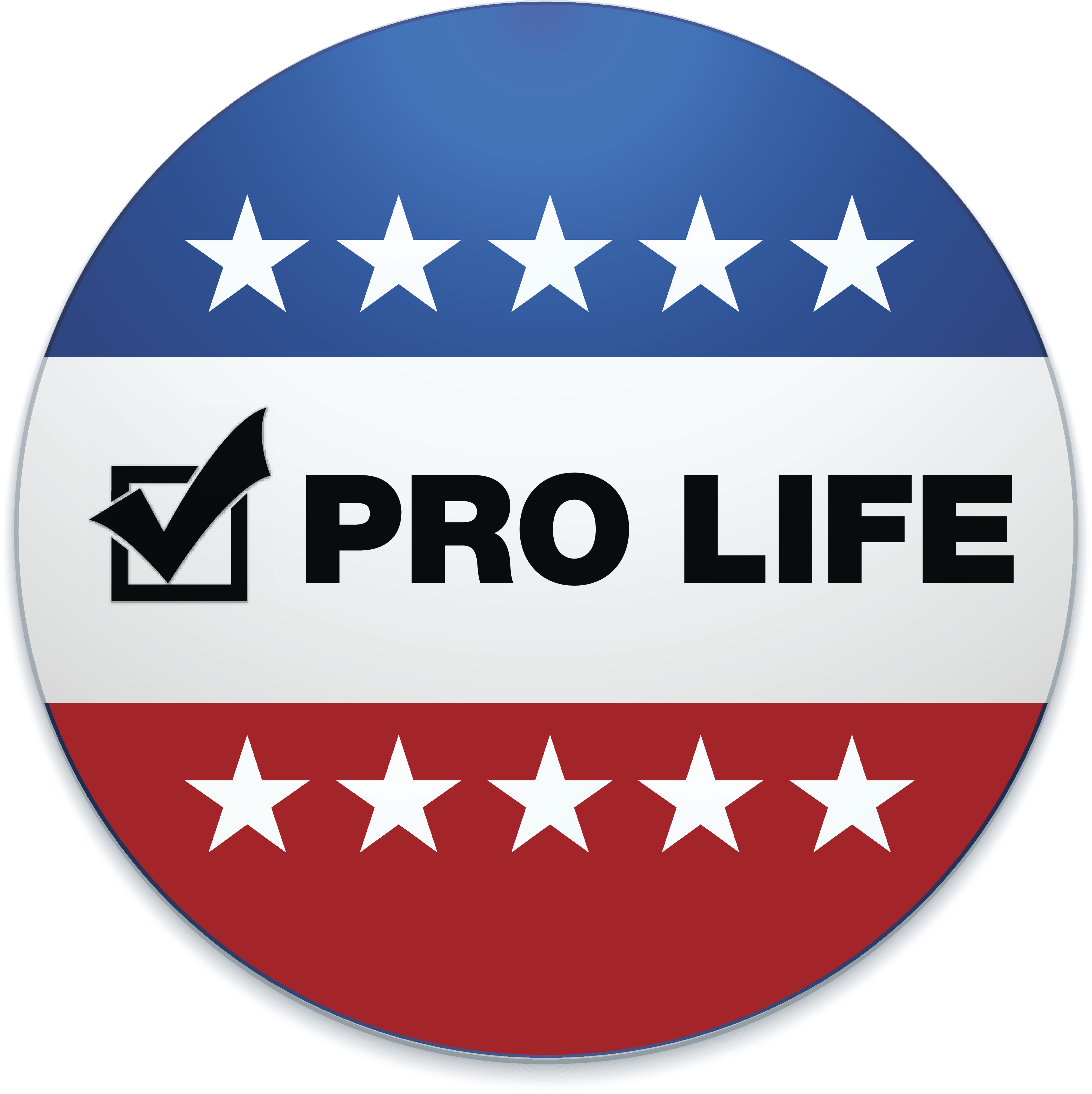 A circular button with stars on top and bottom, the words "PRO LIFE" in the center, and a checked box on the left side