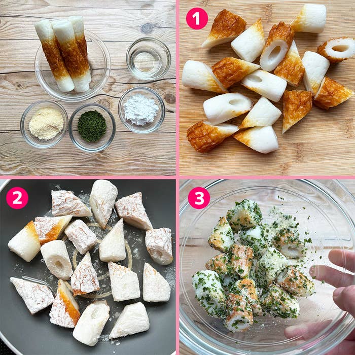 ちくわの料理の手順。1. ちくわを切る。2. フライパンで焼く。3. 調味料を混ぜる。