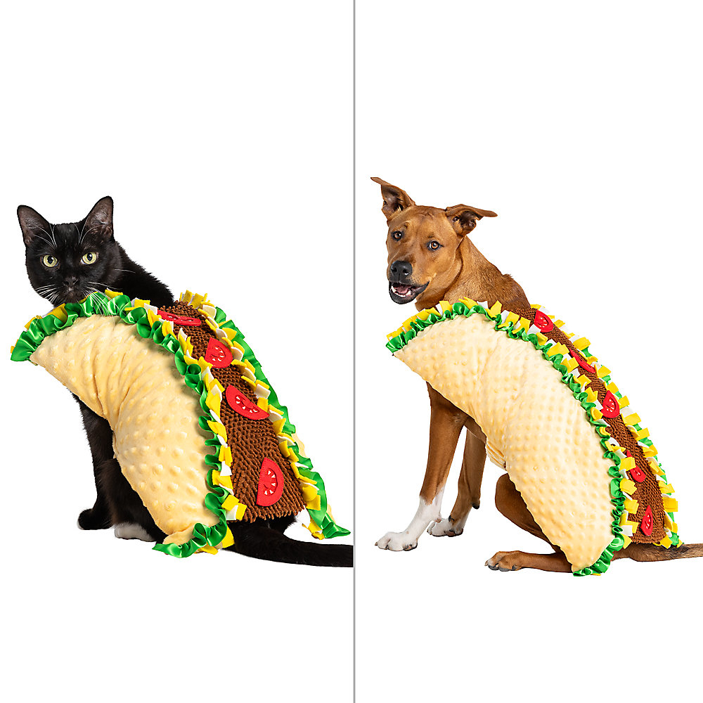 A black cat and a brown dog wearing taco costumes with lettuce, tomatoes, and cheese details