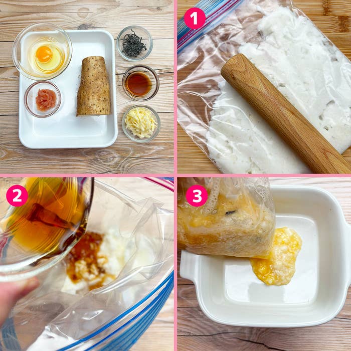 4コマの画像。1コマ目は材料、2コマ目は材料を袋に入れて混ぜる様子、3コマ目は更に材料を追加する様子、4コマ目は混ぜた材料を容器に移している。