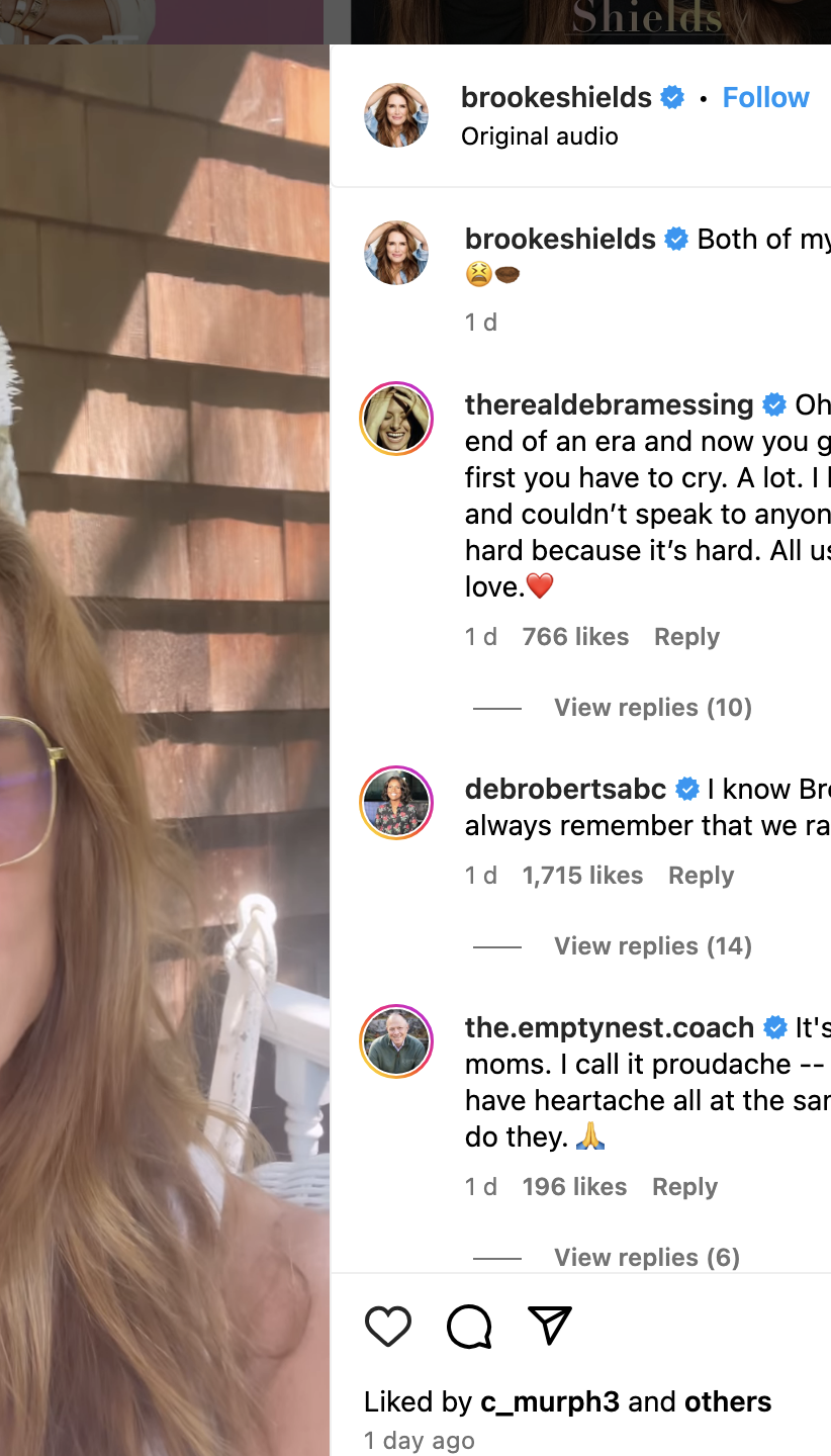 Brooke Shields wearing glasses and a T-shirt. Instagram comments express support and empathy about her kids leaving for school