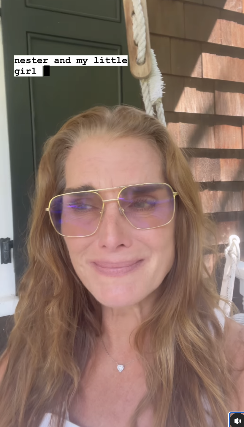 Brooke Shields wearing glasses and a T-shirt. Instagram comments express support and empathy about her kids leaving for school