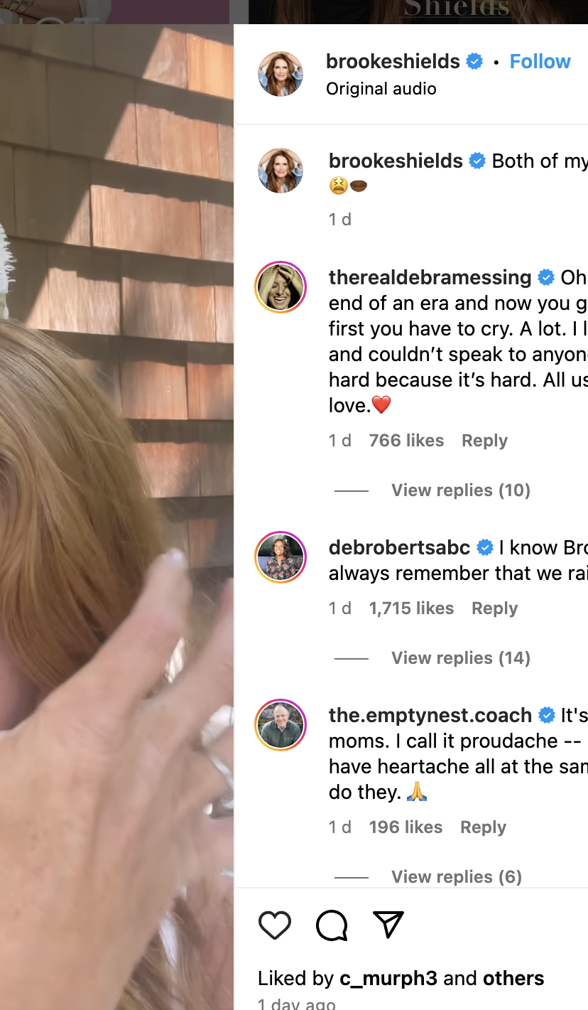 Brooke Shields wiping a tear from her eye as she mentions both her children have left for college in an Instagram post