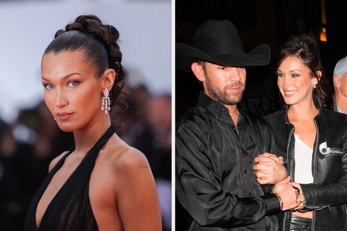 Bella Hadid on the red carpet in a low-cut black dress; Bella again with a man in a black cowboy hat and attire, holding his arm and smiling