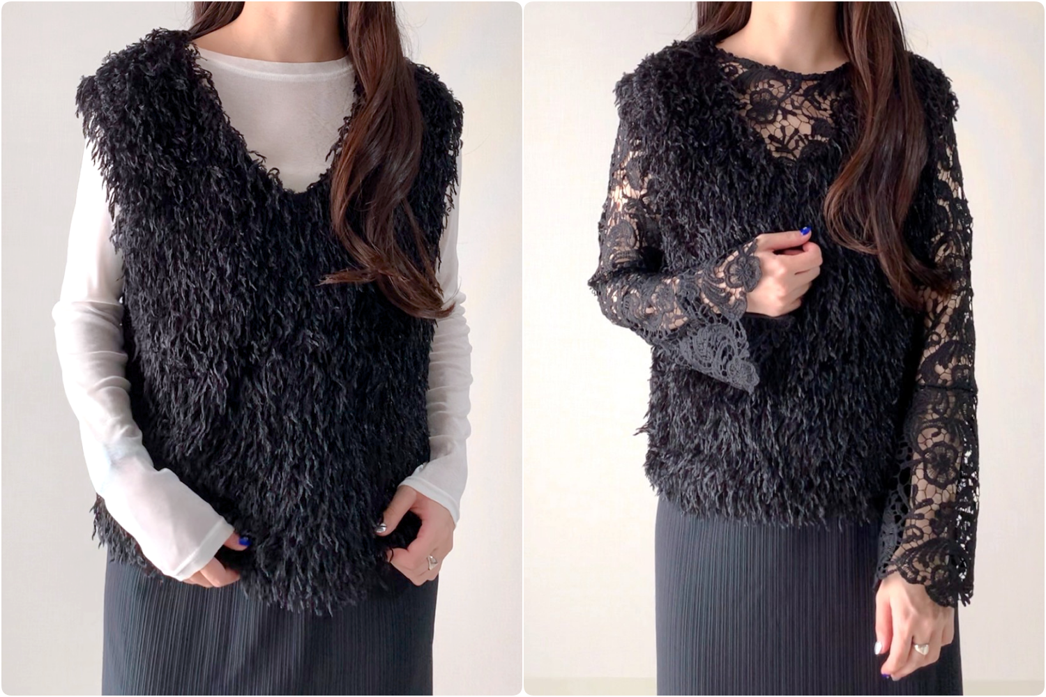 しまむらのおすすめファッションアイテム「TNKシャギーベスト」のコーディネート