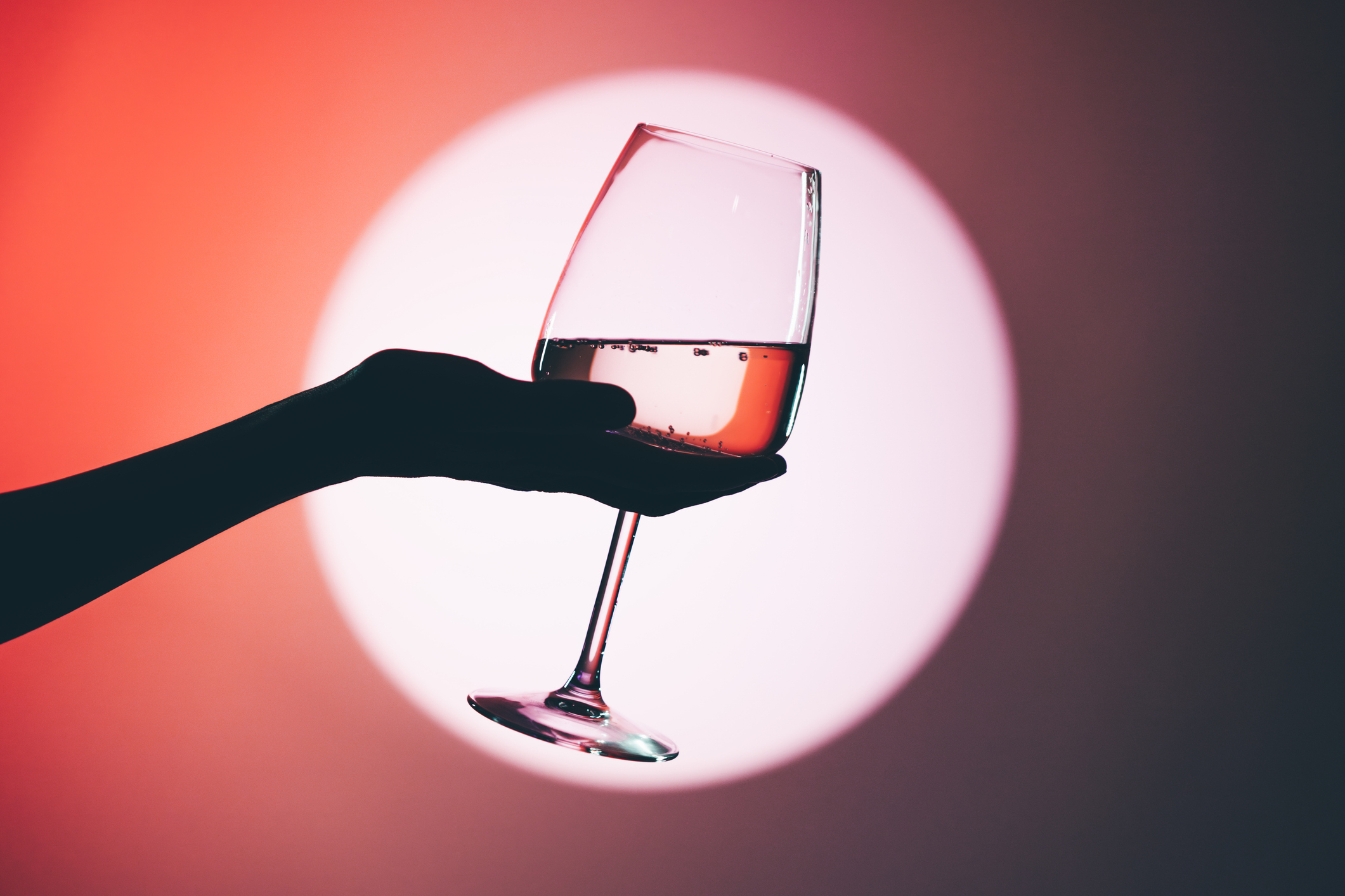 A silhouetted hand holds a wine glass against a bright circular background, emphasizing the elegance and simplicity of the scene