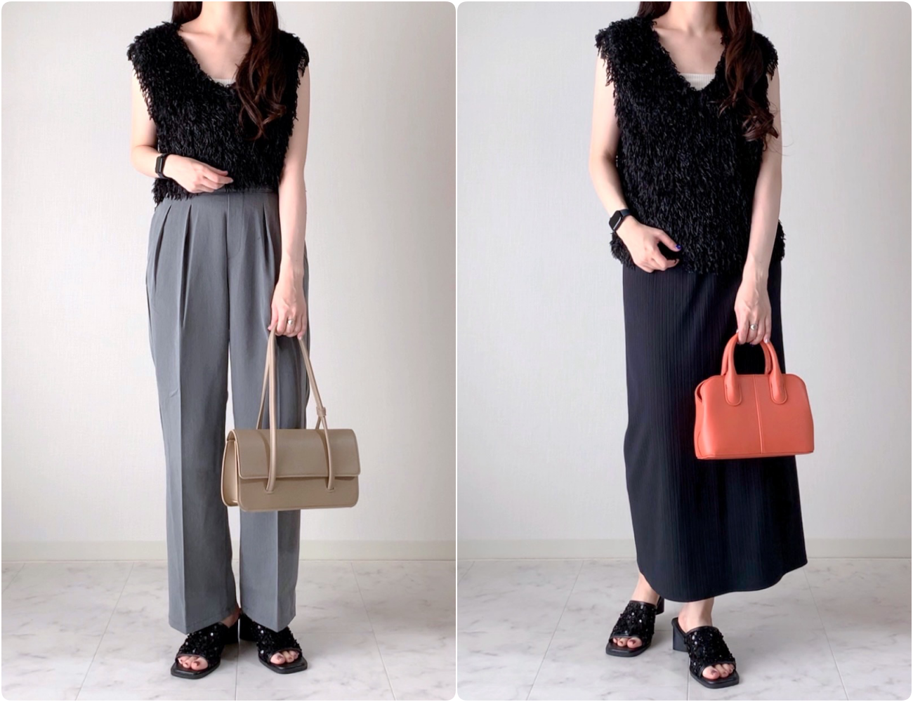 しまむらのおすすめファッションアイテム「TNKシャギーベスト」のコーディネート