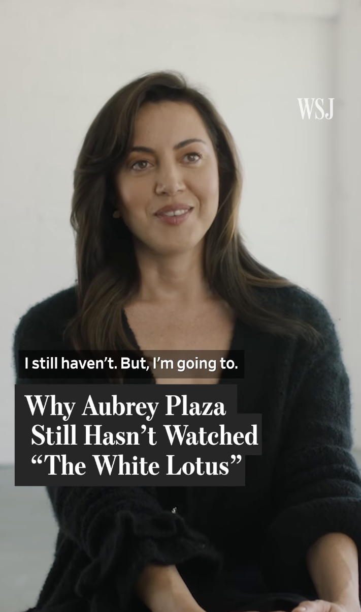 Aubrey Plaza wearing a casual outfit and being interviewed