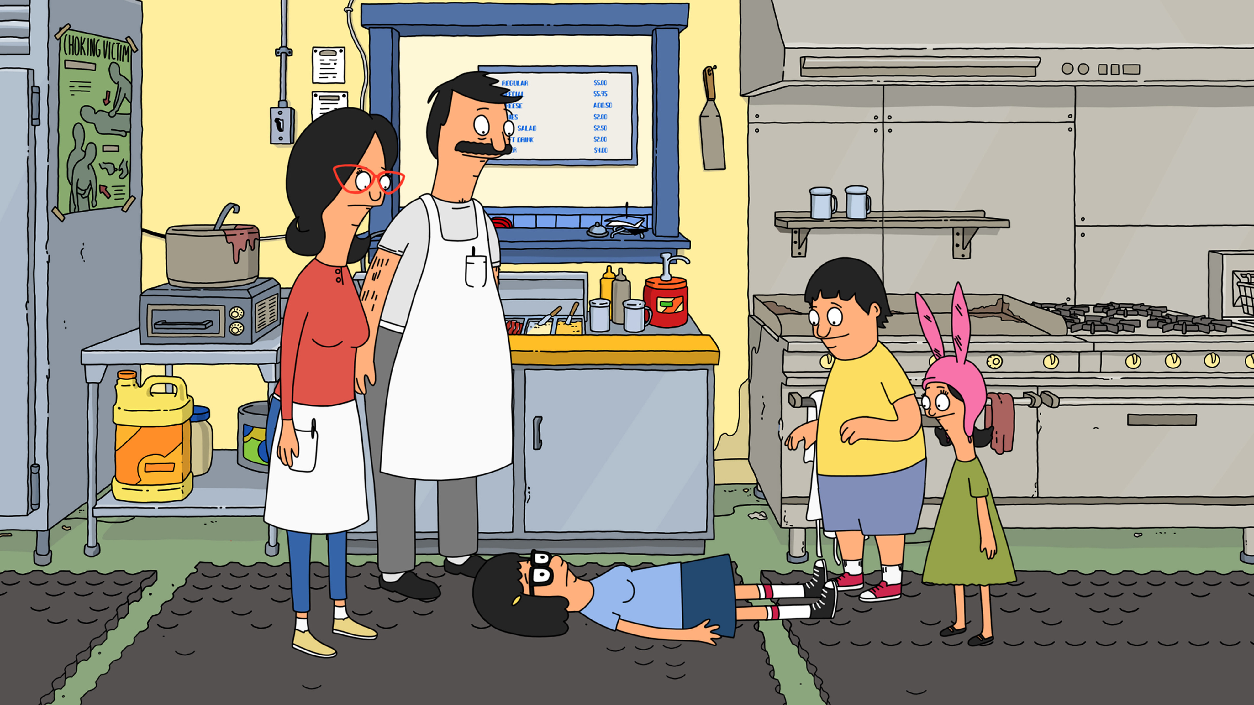 Bob's Burgers characters Linda, Bob, Gene, Tina, and Louise stand in the restaurant's kitchen with Tina lying on the floor. The scene is lighthearted