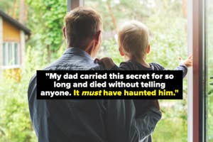 A man carries two young children with the text: "My dad carried this secret for so long and died without telling anyone. It must have haunted him."