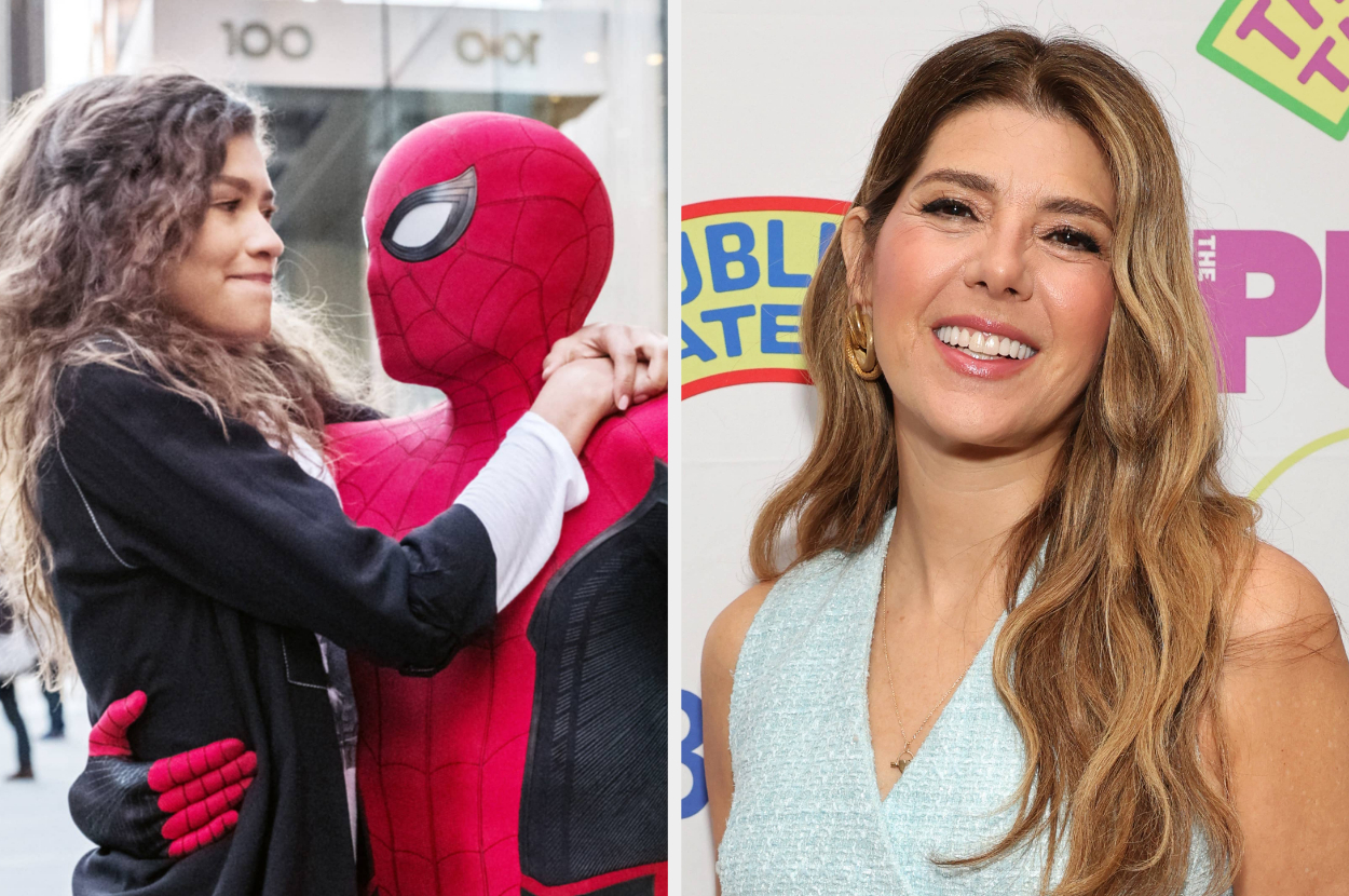 Zendaya and Spider-Man embracing in a street scene; Marisa Tomei smiling at a public theater event