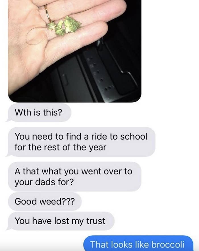 A series of text messages discussing what appears to be marijuana in a hand. A person responds saying the substance looks like broccoli