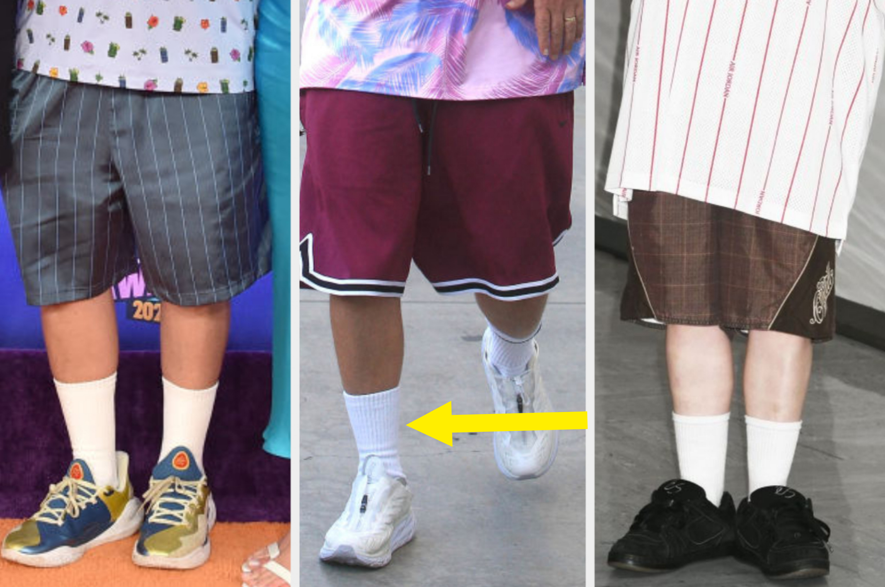 Three closeup images of Adam's legs wearing different basketball-style shorts, crew socks, and various sneakers