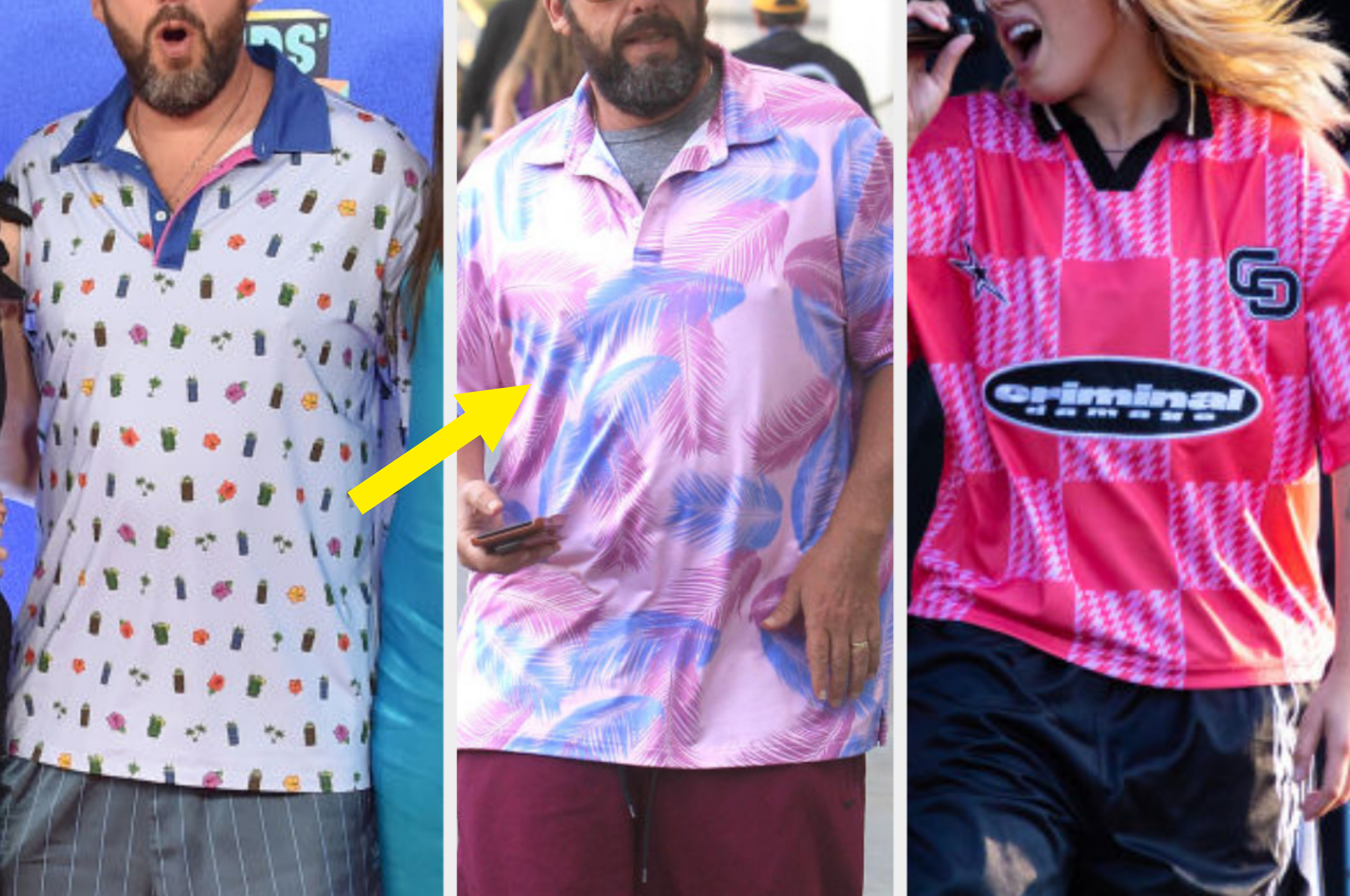 Three people wearing distinct patterned shirts, from left: one with an ice cream motif, middle with pastel palm leaves, and right wearing a plaid soccer jersey