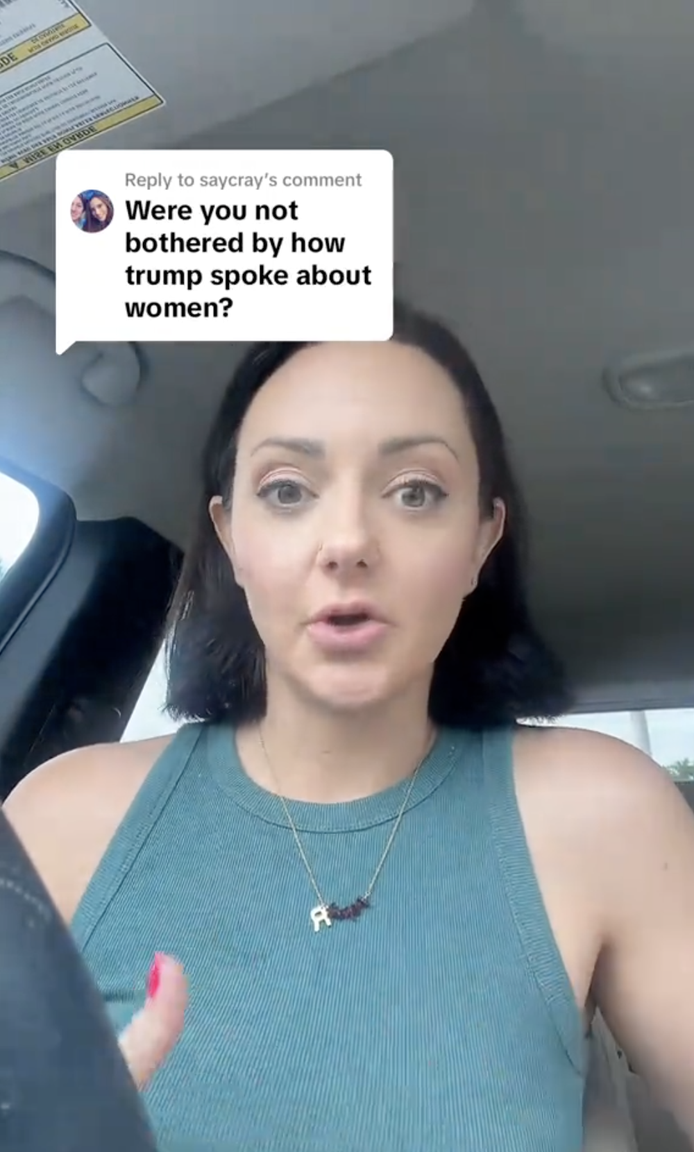 Rihanna in a sleeveless top responds to a comment that asks, "Were you not bothered by how Trump spoke about women?"