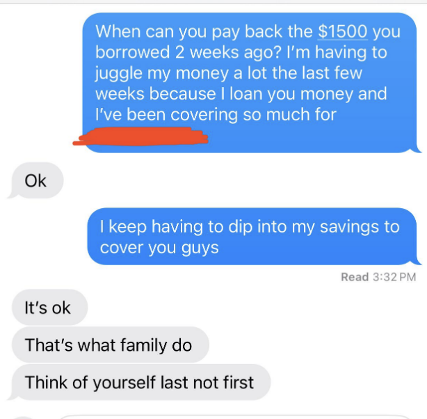 Text message exchange discussing a $1500 loan repayment with one party expressing financial strain and the other offering reassurance, emphasizing family support
