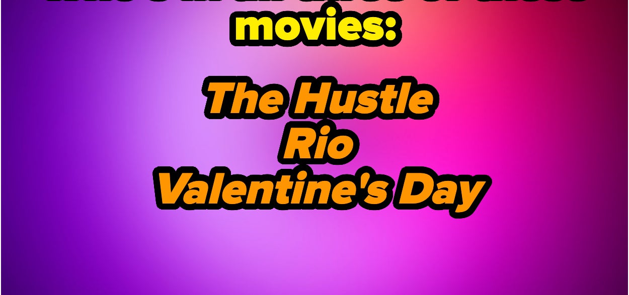 Text on colorful background: &quot;Who's in all three of these movies: The Hustle, Rio, Valentine's Day&quot;