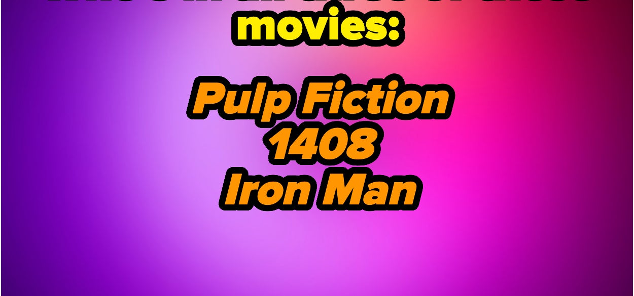 Text asks, &quot;Who's in all three of these movies: Pulp Fiction, 1408, Iron Man&quot; in bold, black and yellow font on a gradient background