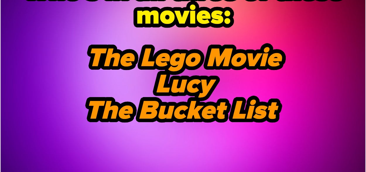 Image contains the text: &quot;Who's in all three of these movies: The Lego Movie, Lucy, The Bucket List,&quot; The background is a gradient of purple and red shades