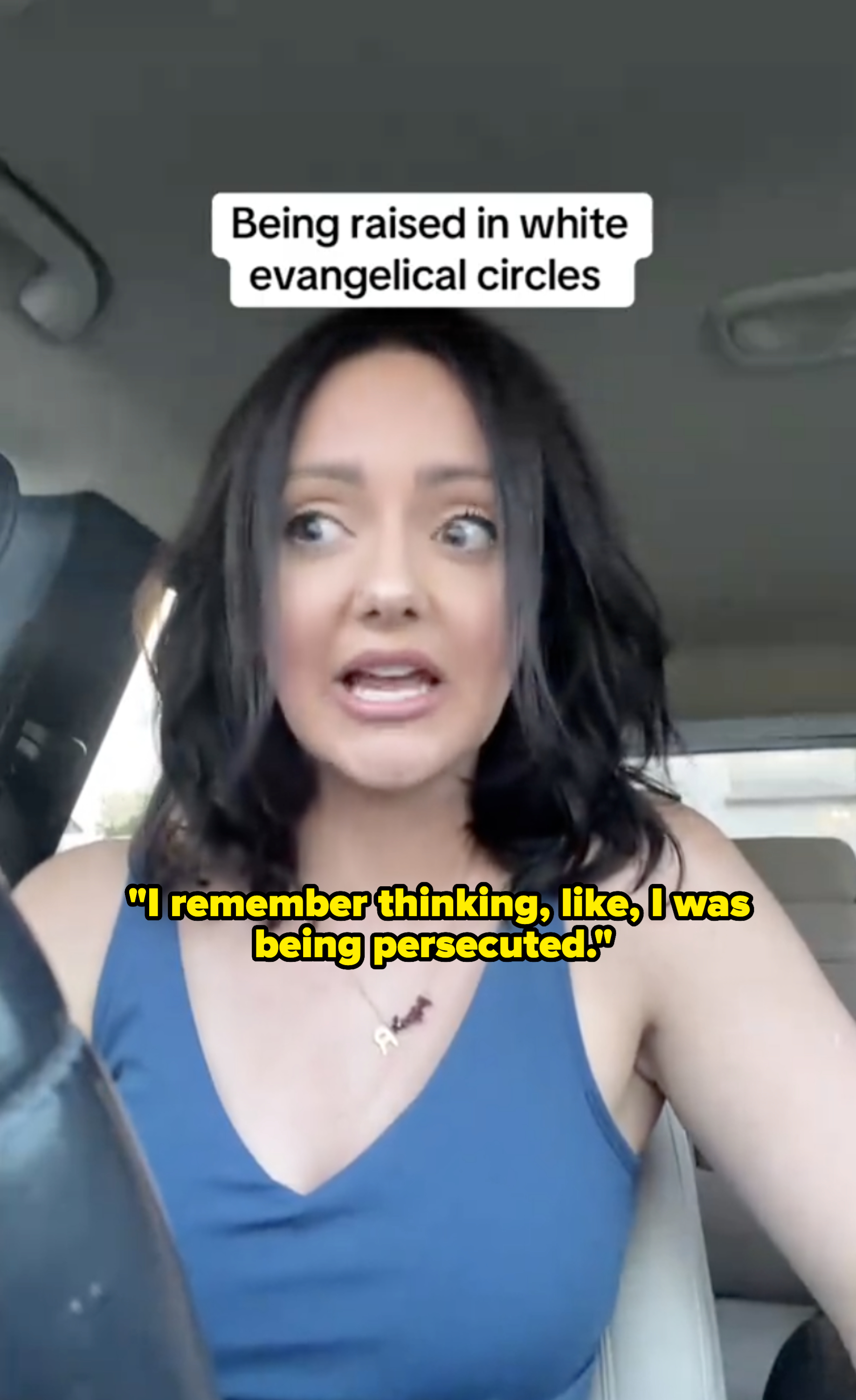 Rihanna in a car with an amazed expression, text above reads, "Being raised in white evangelical circles"