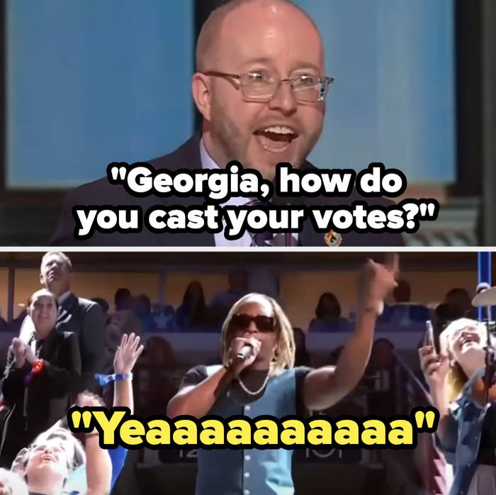 Man asks, "Georgia, how do you cast your votes?" in top image. Group enthusiastically cheers "Yeeaaaaaaa" as Lil' Jon performs in the bottom image
