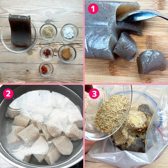 コンニャクの調理手順を示す3つの画像。1. 食材の準備、2. コンニャクを茹でる、3. 調味料を混ぜる。