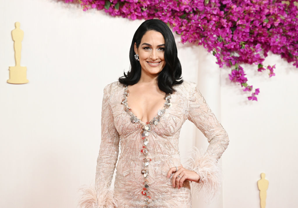 Nikki Bella stands on the red carpet in a close-fitting, long-sleeve gown with a deep neckline, adorned with sparkling embellishments