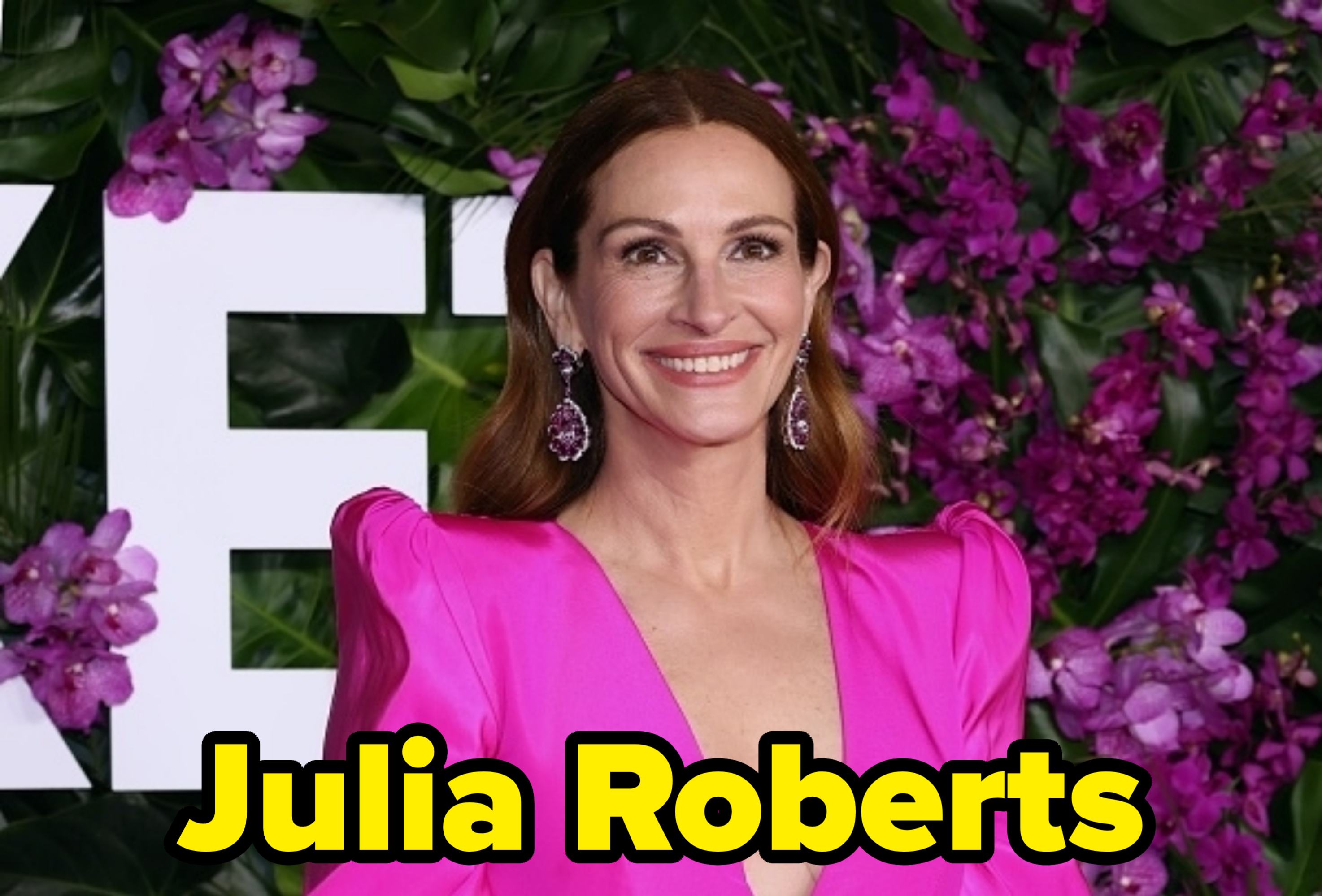 Julia Roberts smiles while wearing a deep V-neck pink dress with large shoulder accents, standing in front of a floral backdrop