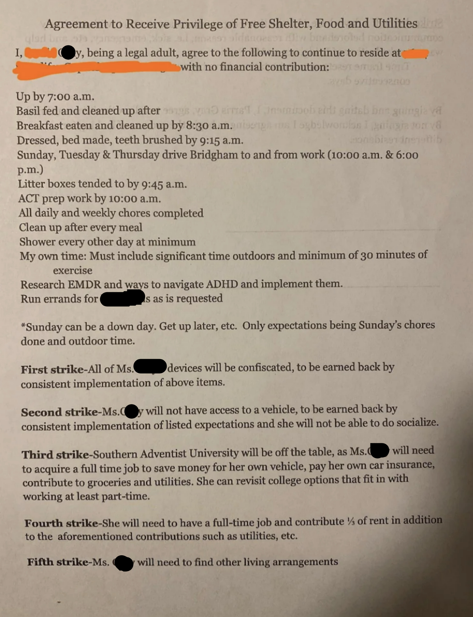 Agreement outlining rules and expectations for residing with Ms. Gray, including chores, school/work requirements, and potential consequences for violations