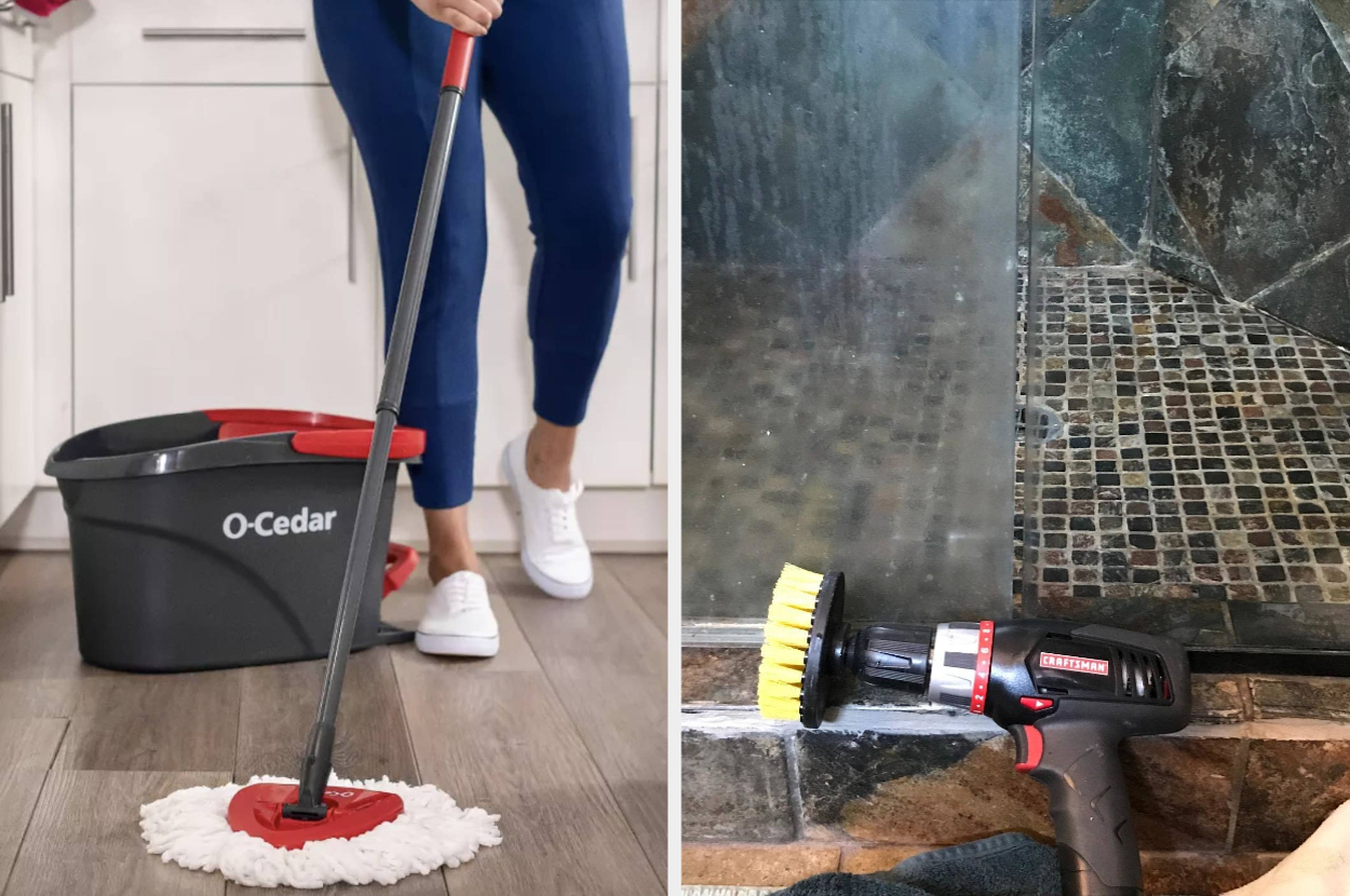 A person mopping the floor with an O-Cedar spin mop. Next to it is a power drill with a scrubbing attachment cleaning tiles