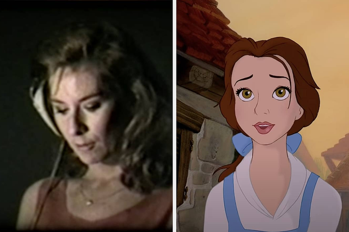 Left: Belle from Beauty and the Beast adjusts her collar with a single hair lock out of place. Right: Woman listening with a similar hair lock. Text: “the lock of hair."