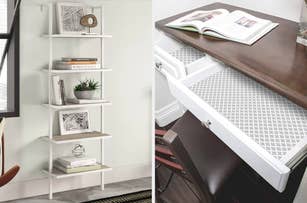 Split image: Left shows a white 5-tier shelf with books and a potted plant. Right shows an open desk drawer with an open book on the desk