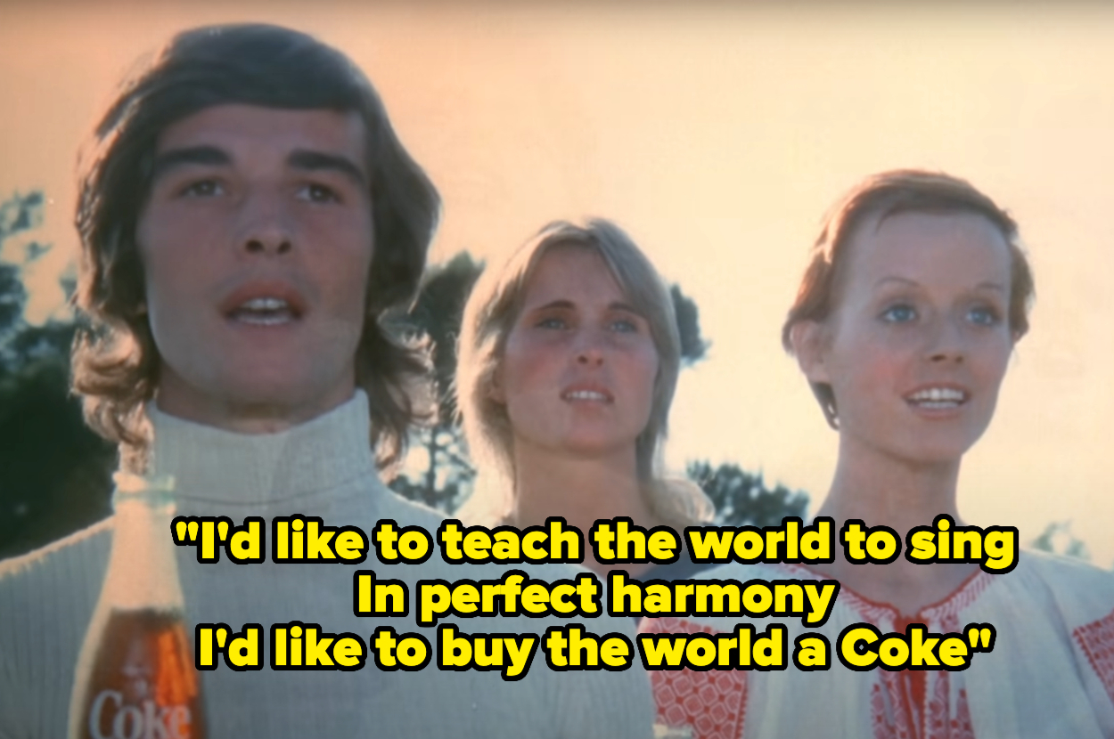 Three people singing outdoors with the text "I'd like to teach the world to sing in perfect harmony I'd like to buy the world a Coke" over the image