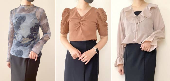 GUのおすすめアイテム「シアープリントボトルネックT(長袖)」「布帛コンビネーションT(5分袖)Z+E」「ラッフルボレロブラウス」