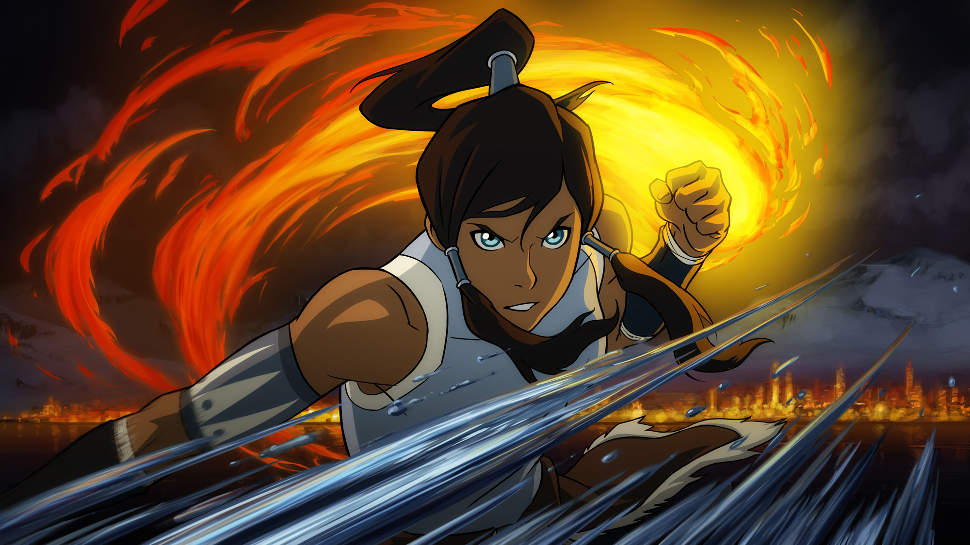 Korra from "The Legend of Korra" is seen in an action pose, surrounded by fire and water elements, ready for battle