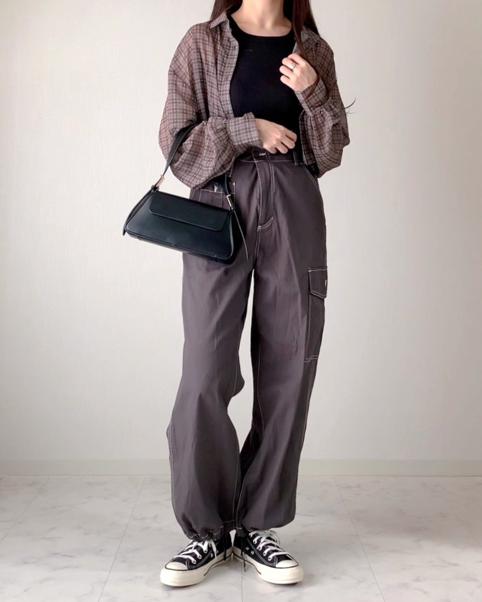 しまむらのおすすめファッションアイテム「シアーヨウリュウチェックSH」のコーディネート