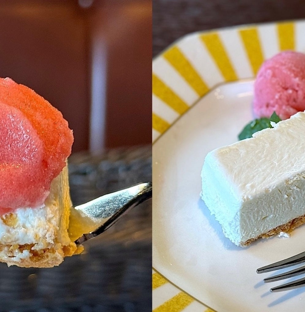 星乃珈琲店のおすすめスイーツ「濃厚レアチーズケーキ ラズベリーソルベ添え」