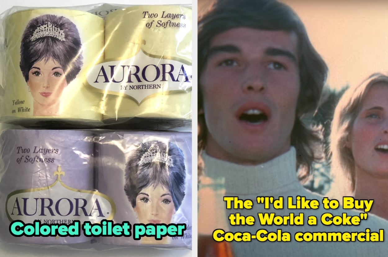 On the left, vintage Aurora toilet paper packaging with a woman's face. On the right, a scene from the "I'd Like to Buy the World a Coke" commercial with a singing man and woman