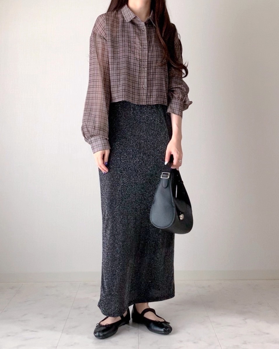 しまむらのおすすめファッションアイテム「シアーヨウリュウチェックSH」のコーディネート