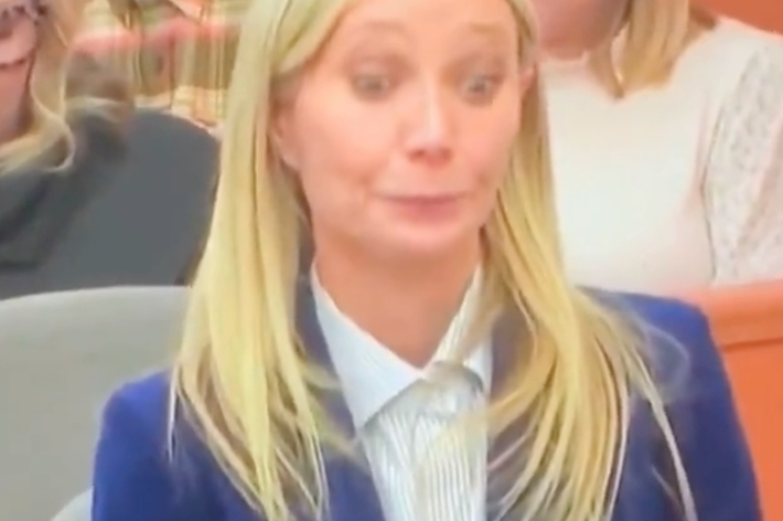 Gwyneth Paltrow in court, with a tweet by @BoCamaro overlayed: &ldquo;You&rsquo;re acting like your mom.&quot;