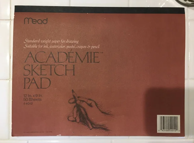 A Mead Académie Sketch Pad with standard weight paper for drawing, suitable for ink, watercolor, pastel, crayon, and pencil. 12 in. x 9 in., with 50 sheets