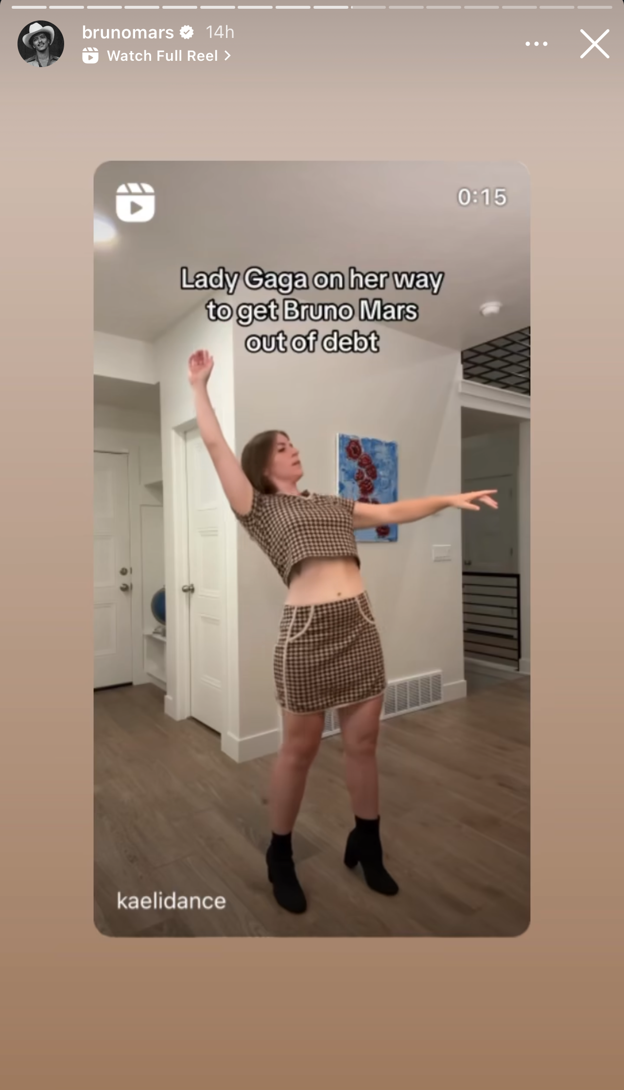 Kaeli Honsberger dances in a patterned crop top and skirt, captioned "Lady Gaga on her way to get Bruno Mars out of debt"