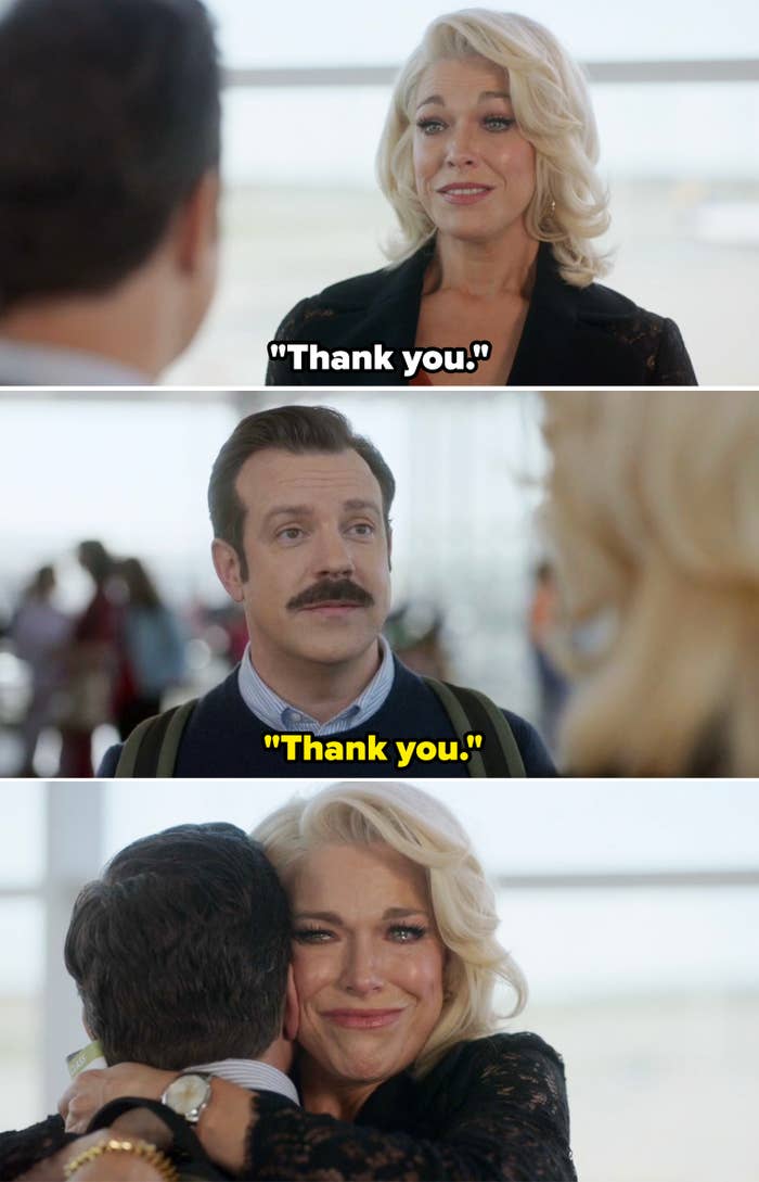 Hannah Waddingham and Jason Sudeikis in a three-panel scene from "Ted Lasso." They share a heartfelt hug, displaying emotional expressions in an airport setting