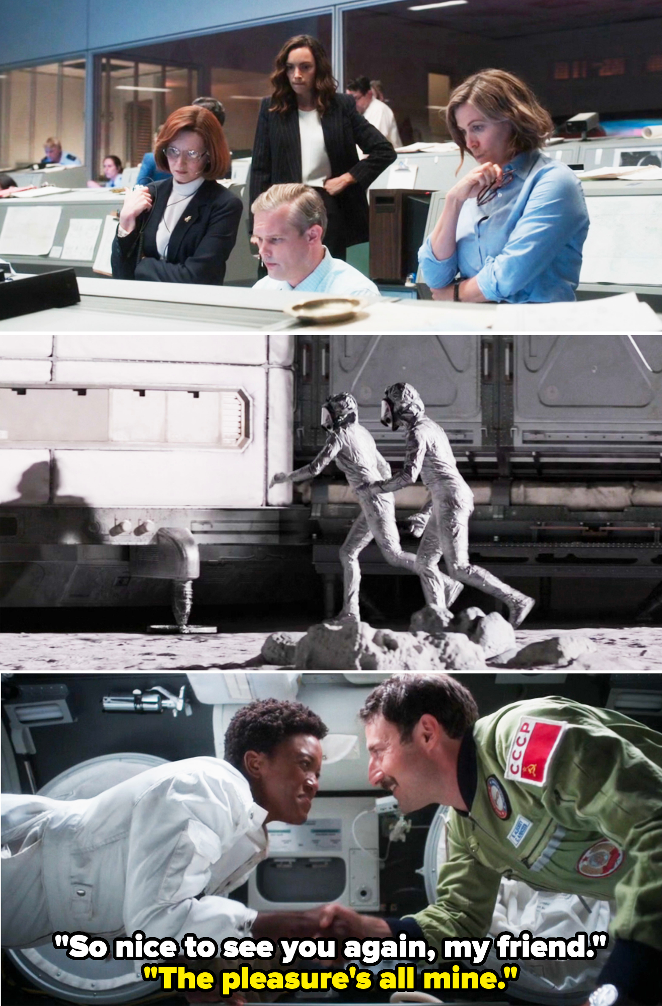 Scenes from "For All Mankind": office setting with Sarah Jones, Krys Marshall, and others; astronauts pushing equipment; astronauts shaking hands on the moon
