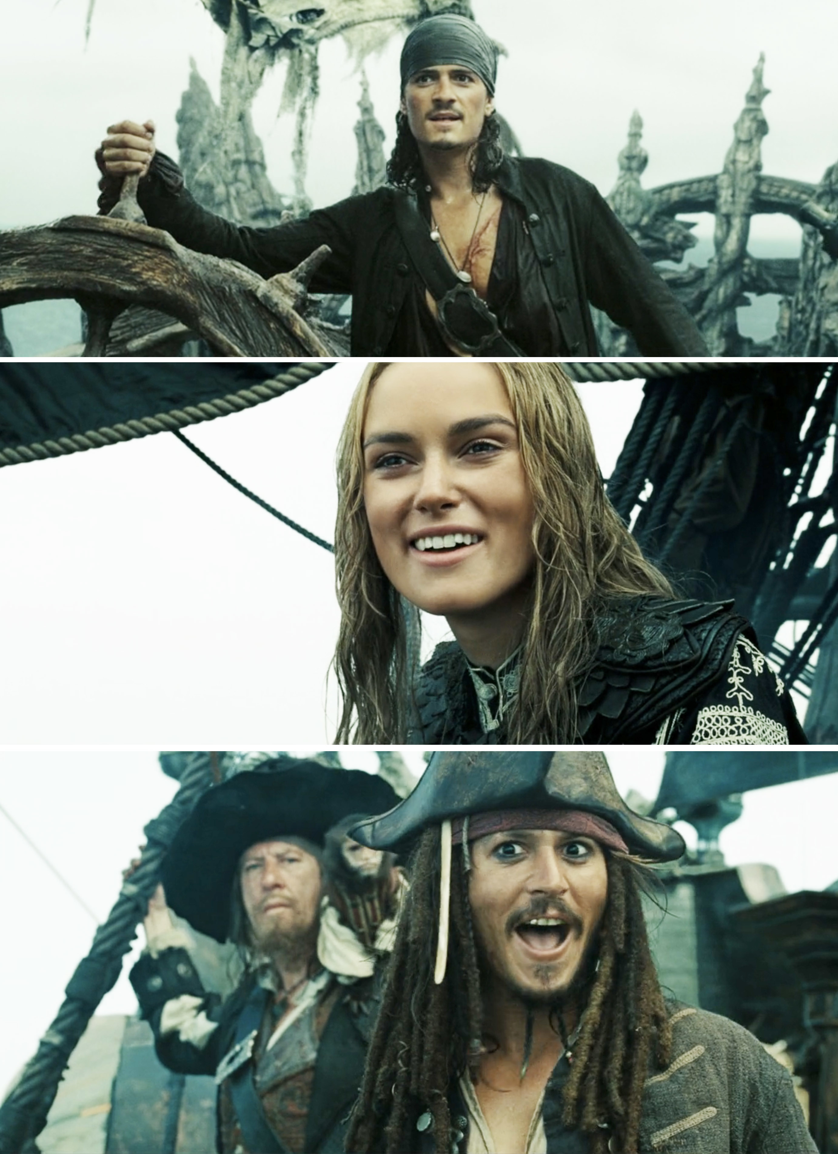 Orlando Bloom, Keira Knightley, and Johnny Depp in pirate attire aboard a ship from a scene in a "Pirates of the Caribbean" movie