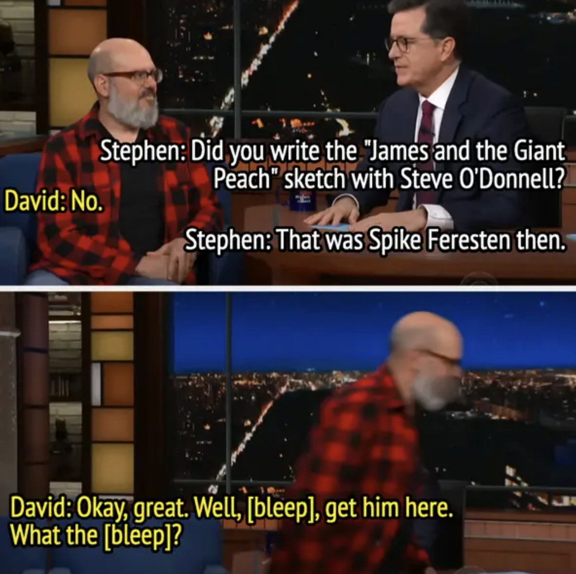 David Cross and Stephen Colbert talking on a late-night show. Stephen asks about a sketch; David denies, jokes about getting the right person