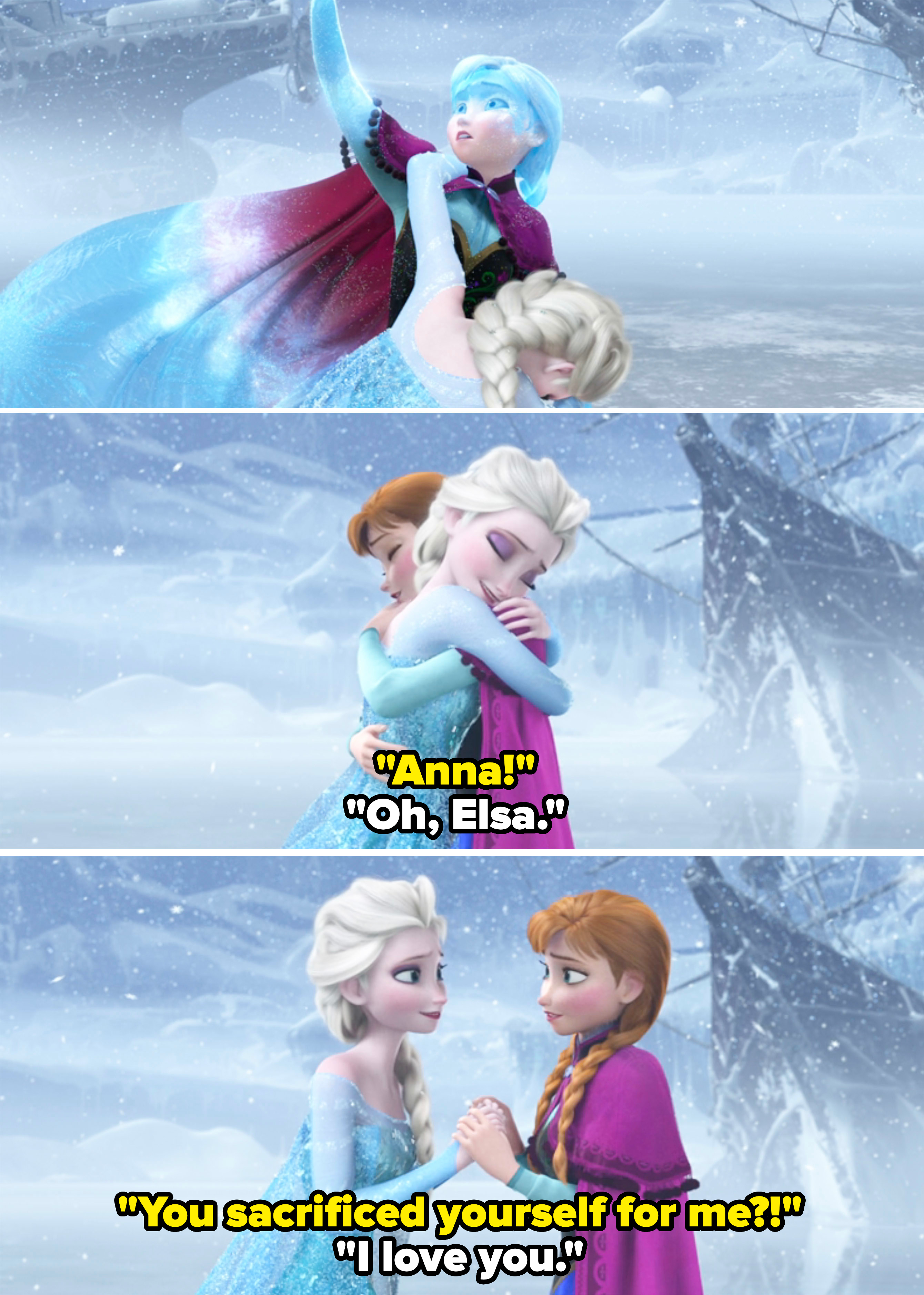 Elsa uses her magic in the snow while Anna looks on, Elsa and Anna hug, and Elsa and Anna hold hands, from the movie Frozen
